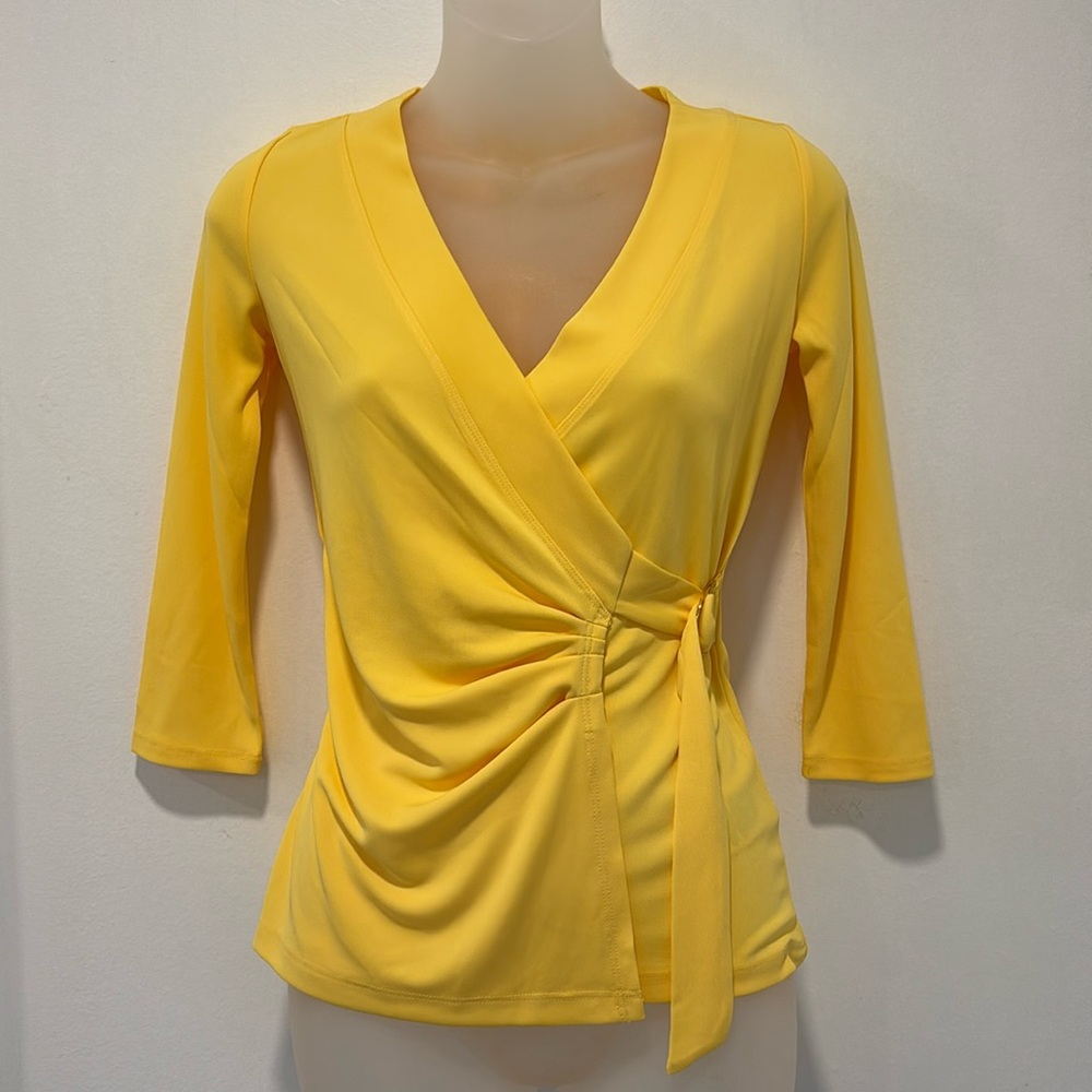 Lauren by Ralph Lauren Yellow 3/4 Sleeve V Neck Faux Wrap Top XXS